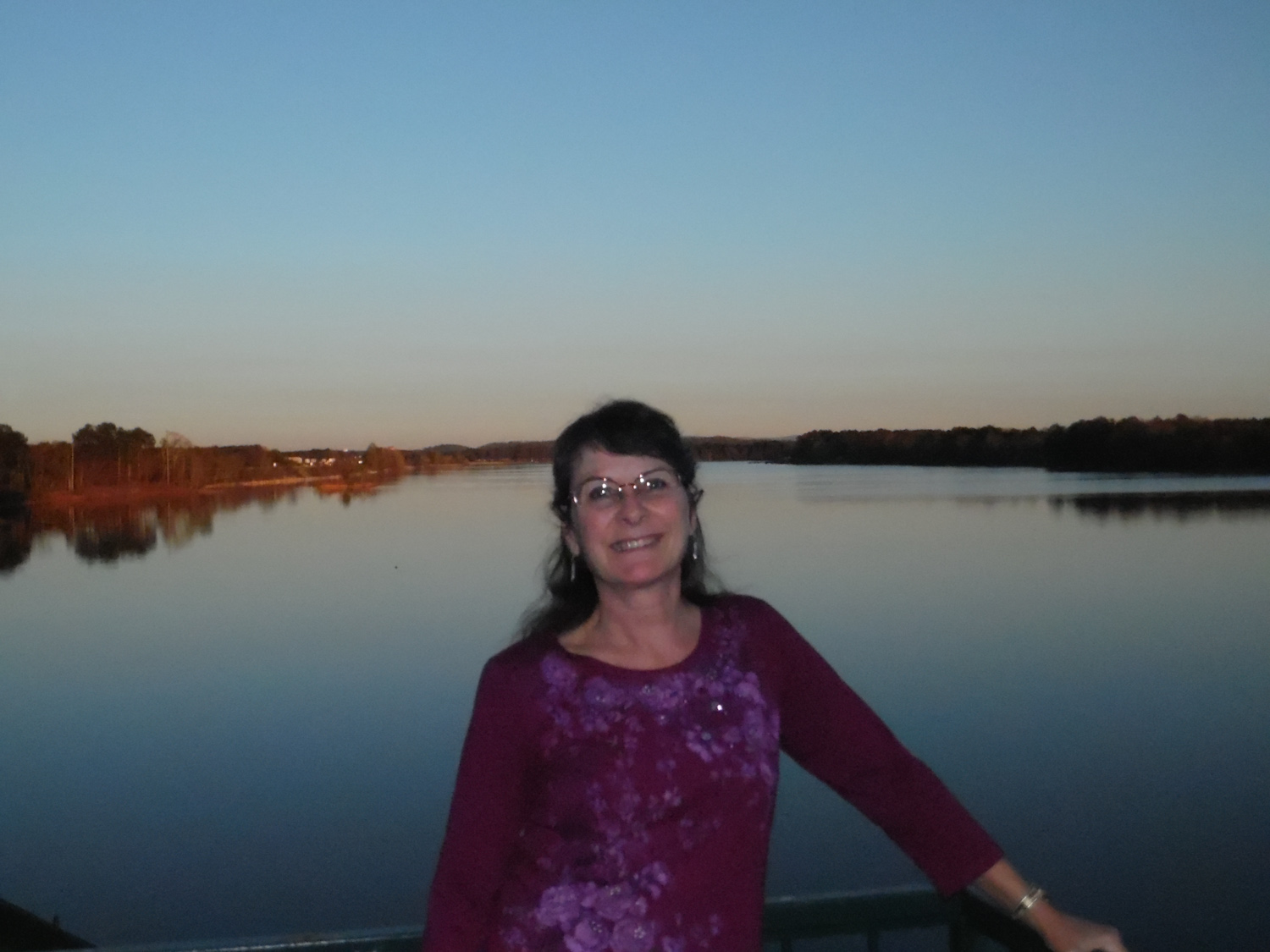 Kath @ motel in Riverside, Alabama, with Coosa River in background.